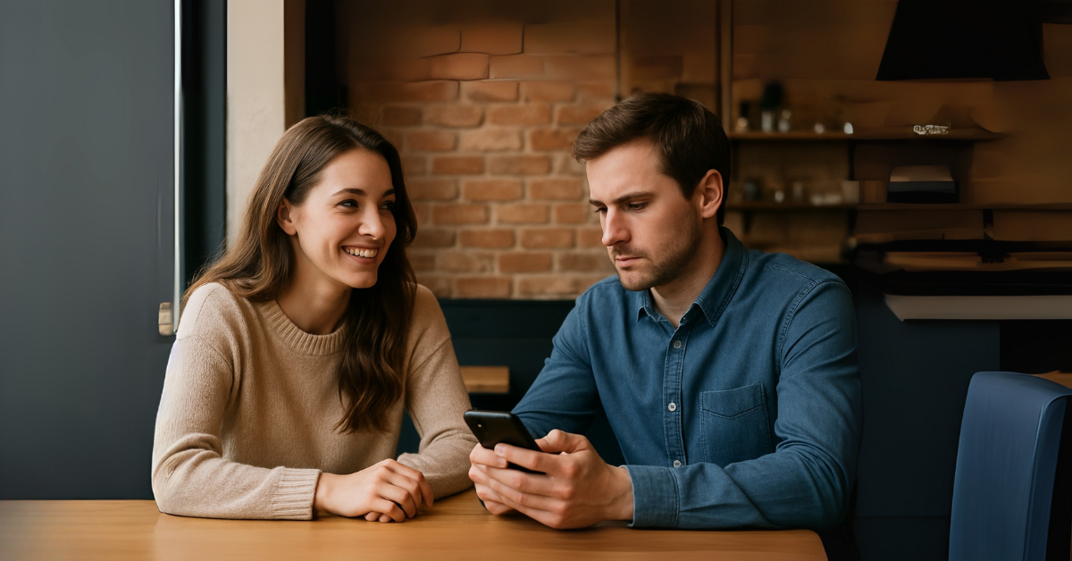 Žena sa usmieva smerom k mužovi, no on nevenuje pozornosť, lebo pozerá do mobilu.